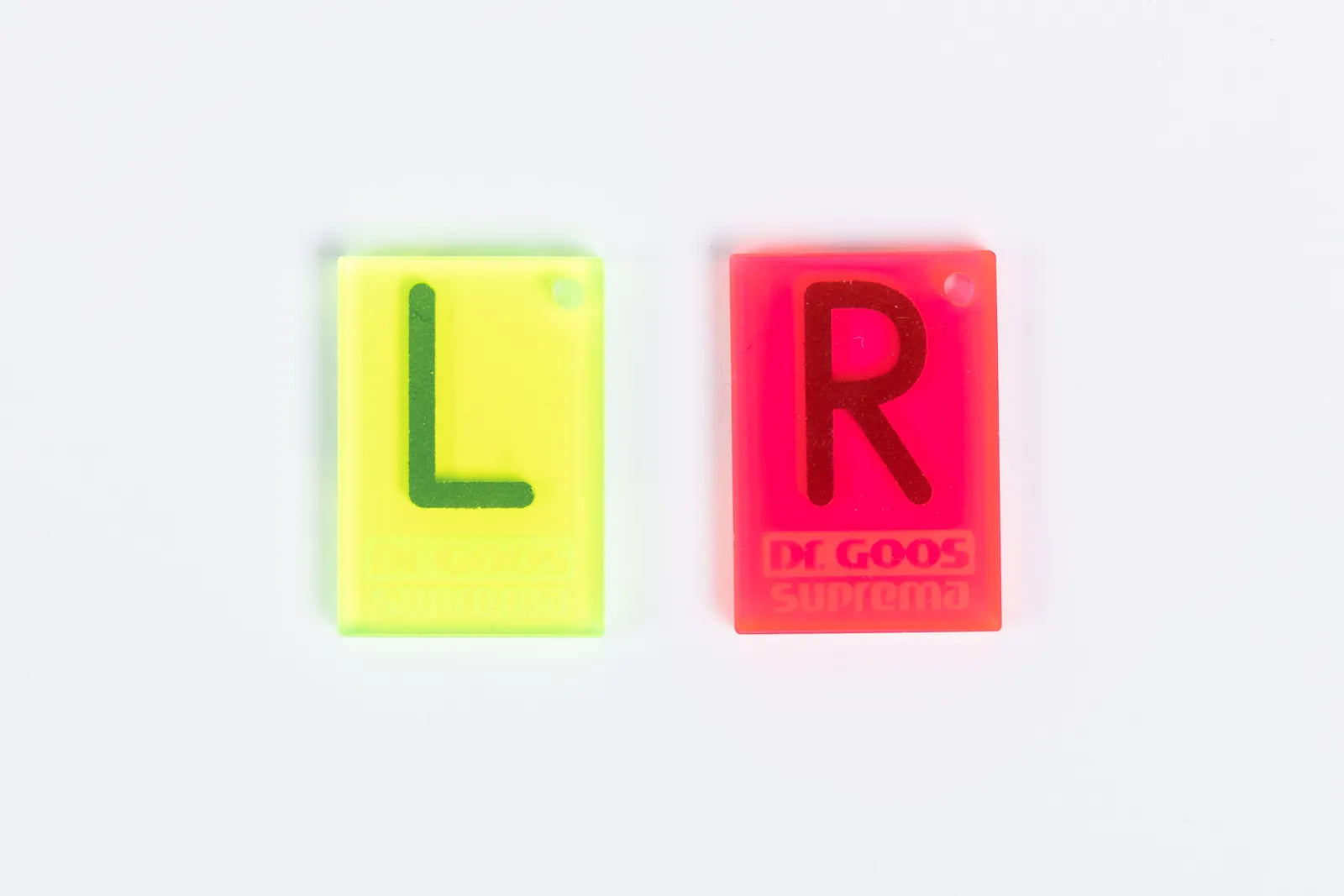 Röntgenmarker L in Gelb und R in Rot aus Kunststoff mit Dr. Goos Suprema Aufdruck